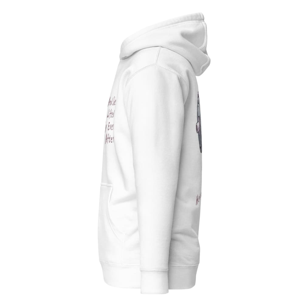 White hoodie with text and graphics on a white background