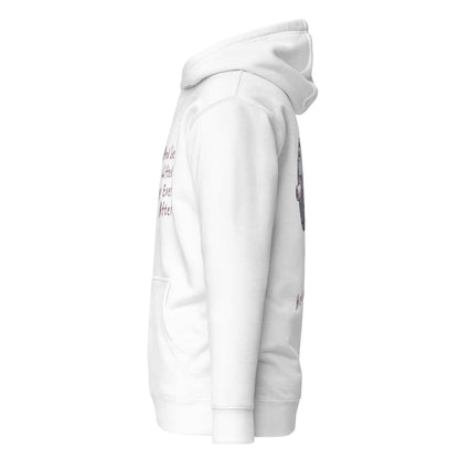 White hoodie with text and graphics on a white background