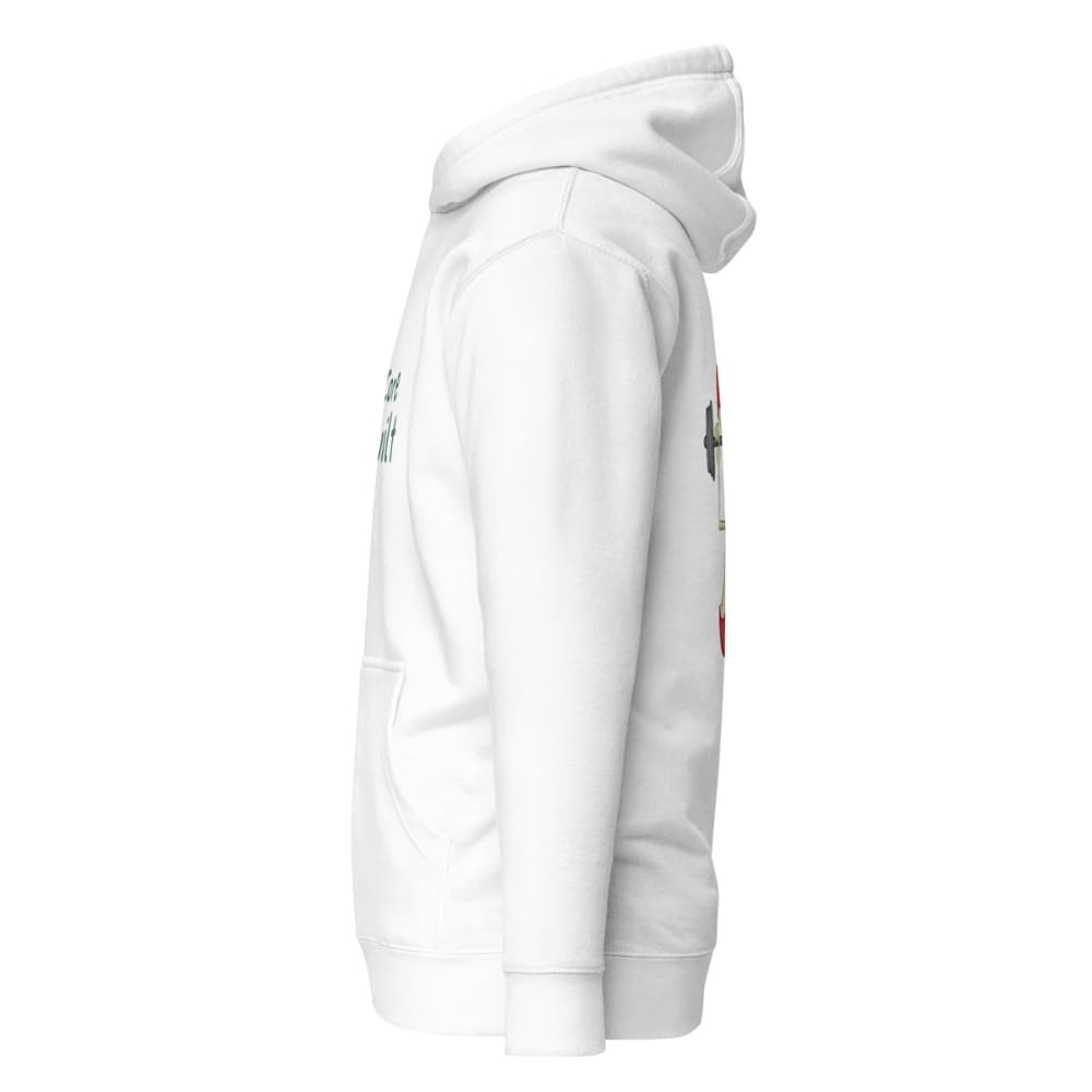 White hoodie with colorful graphics on a white background