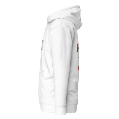 White hoodie with colorful graphics on a white background