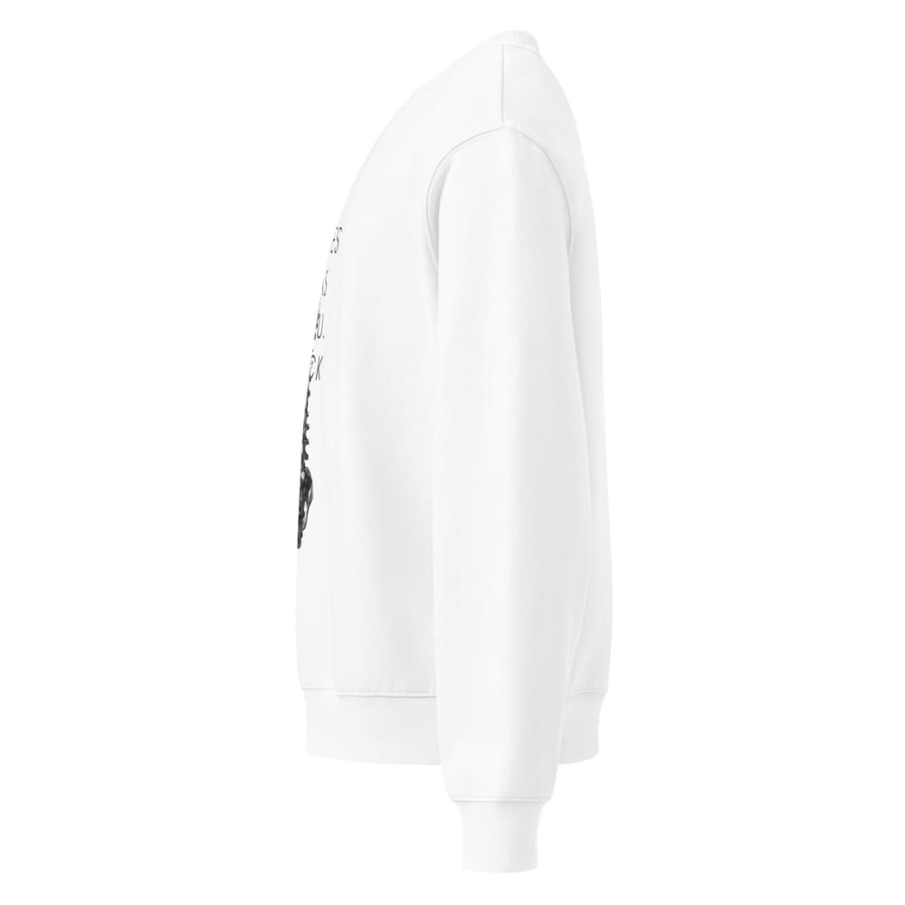 White hoodie with black text and graphics on a white background