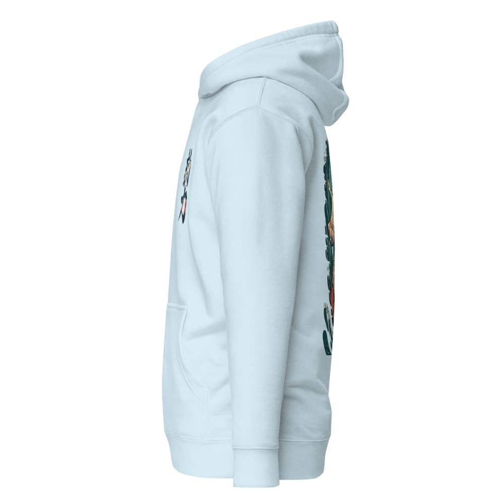 Light blue hoodie with colorful graphics on a white background