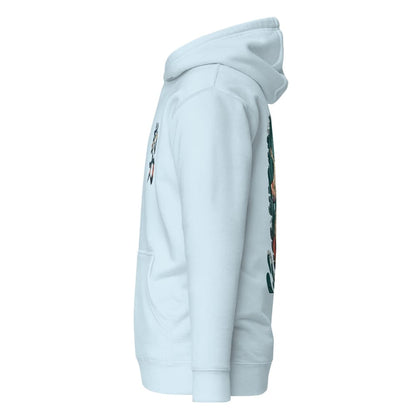 Light blue hoodie with colorful graphics on a white background