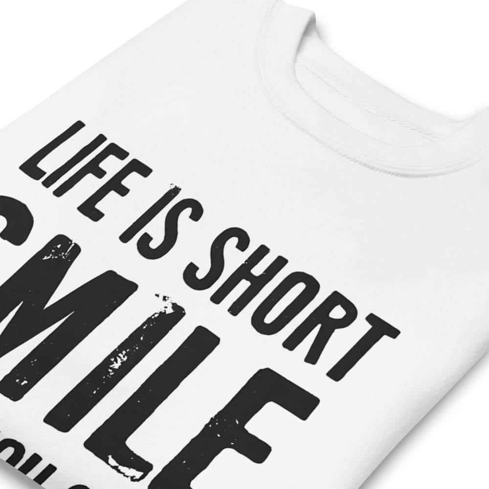 White t-shirt with black text 'LIFE IS SHORT SMILE' on a white background