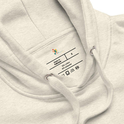 Close-up of a light gray hoodie with a label on the chest pocket.