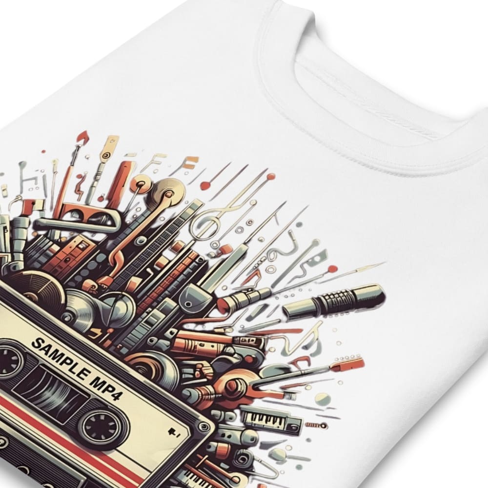 White sweatshirt with a colorful graphic design of tools and a cassette tape on a white background