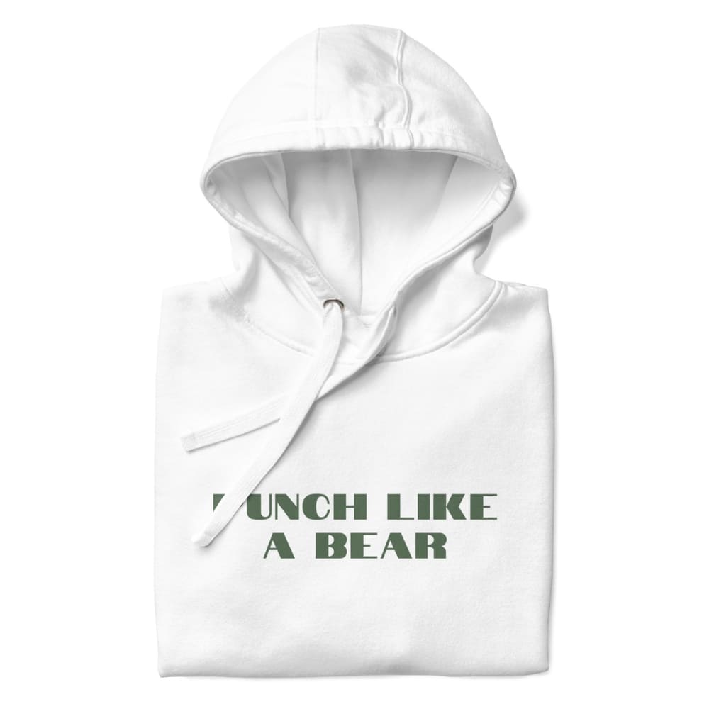 White hoodie with 'Punch Like a Bear' text on a white background