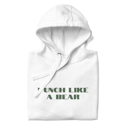 White hoodie with 'Punch Like a Bear' text on a white background