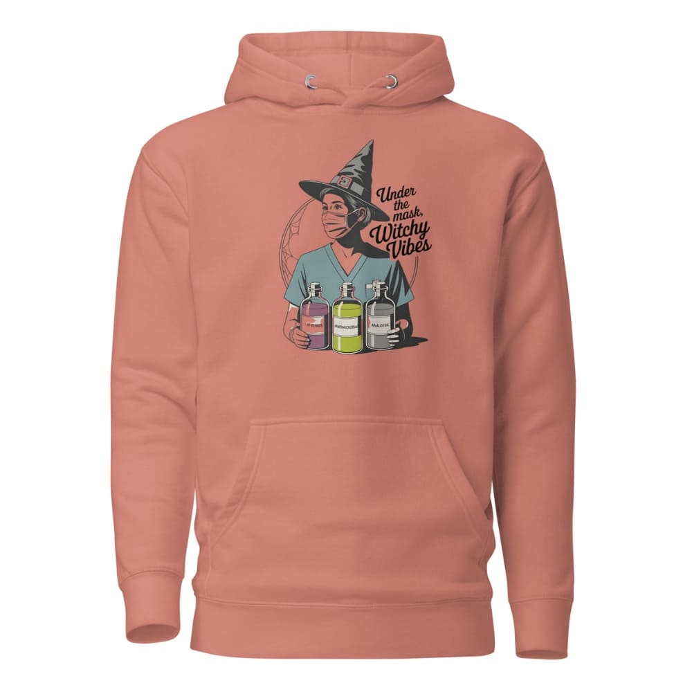 Peach hoodie with a graphic of a person in a witch hat holding potion bottles on a white background