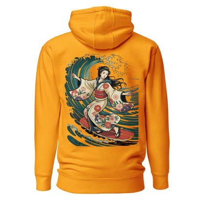 Orange hoodie with a colorful graphic of a woman in traditional attire on the back, on a white background.