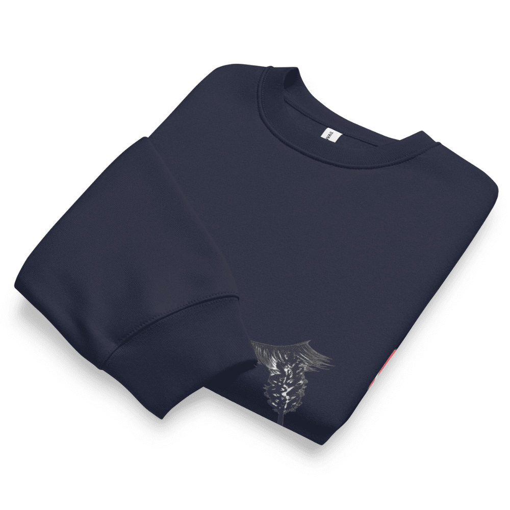 Folded navy blue sweatshirt with a small design on a white background