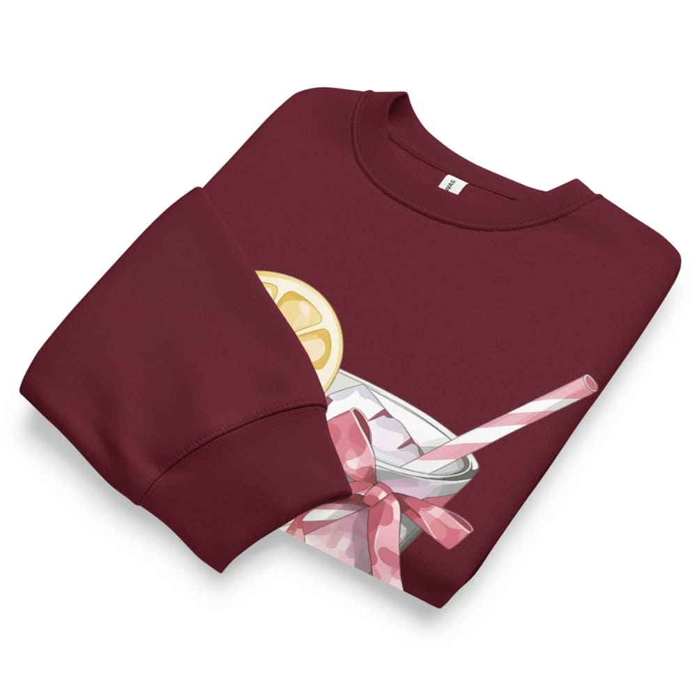 Maroon sweatshirt with a cocktail graphic on a white background