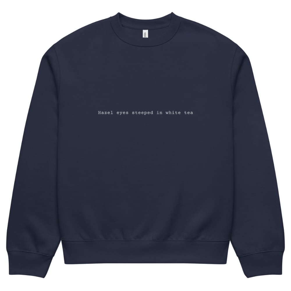 Navy blue sweatshirt with white text on a white background