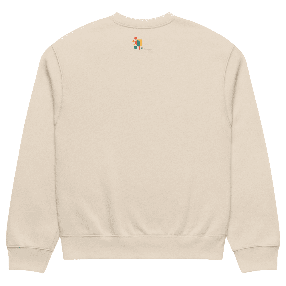 Beige sweatshirt with a small graphic on the back against a white background