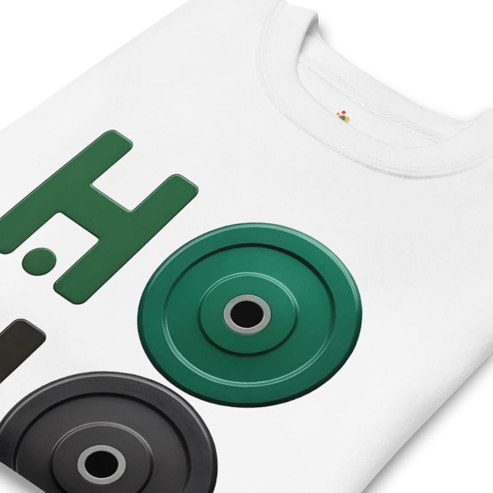 White t-shirt with green and black weightlifting disc design on a white background