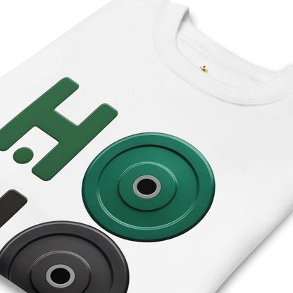 White t-shirt with green and black weightlifting disc design on a white background