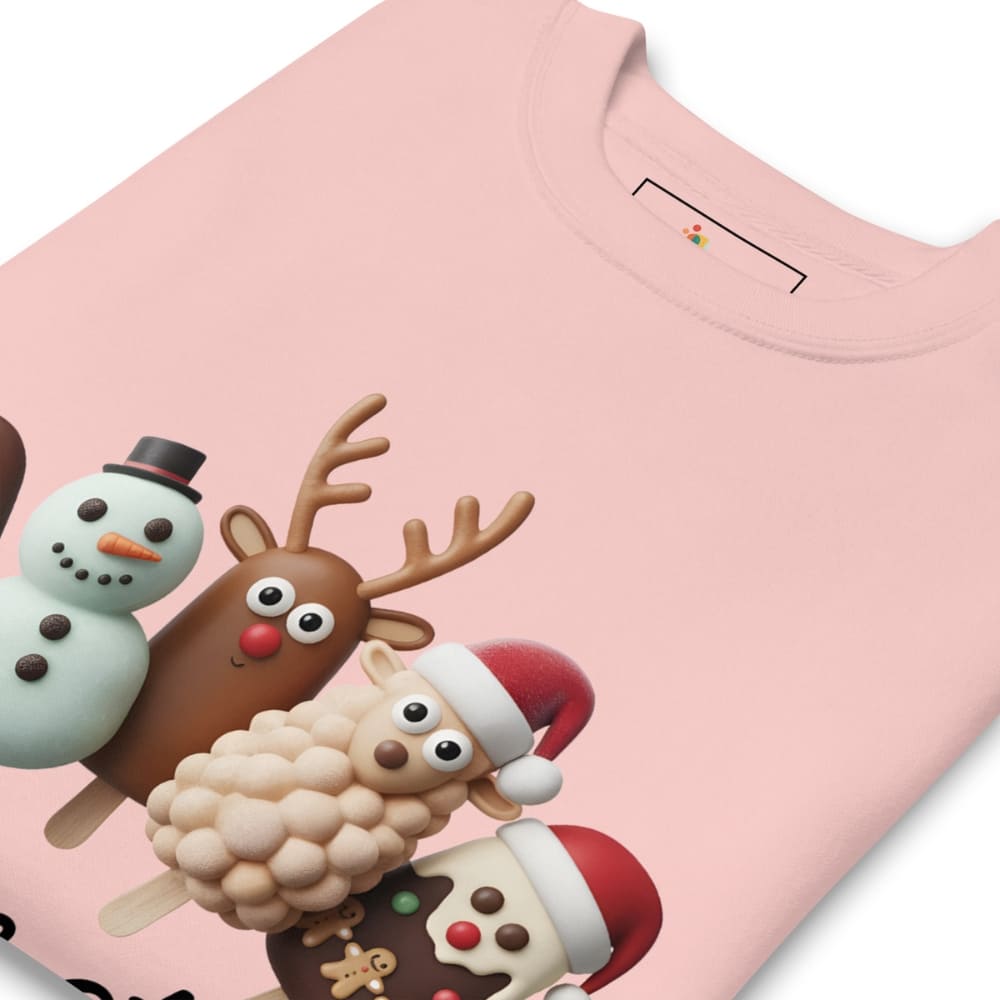 Pink t-shirt with Christmas-themed characters including a reindeer, snowman, and elves on a pink background.