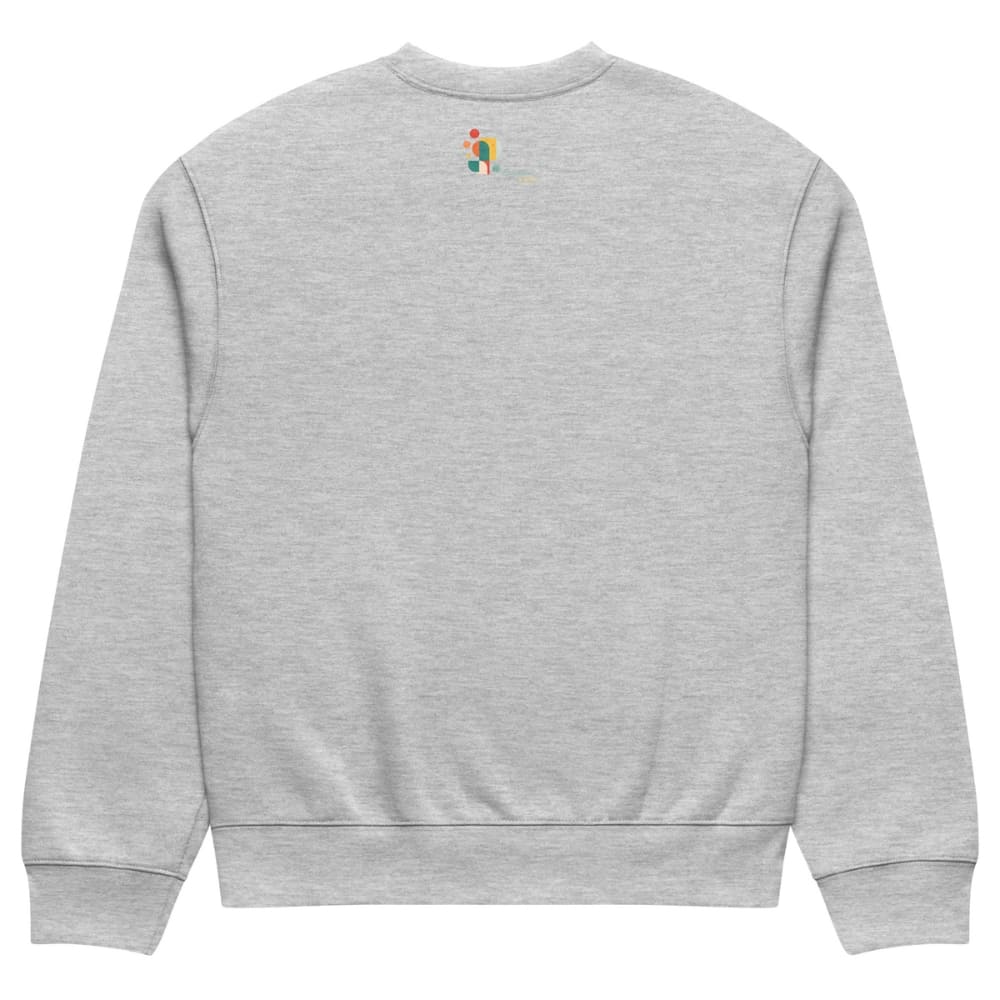 Gray sweatshirt with a small colorful logo on the back against a white background