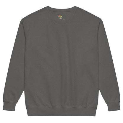 Gray sweatshirt with a brand logo on the back against a white background