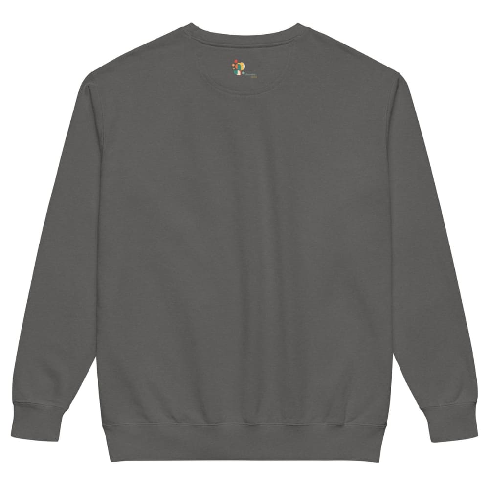Gray sweatshirt with a brand logo on the back against a white background