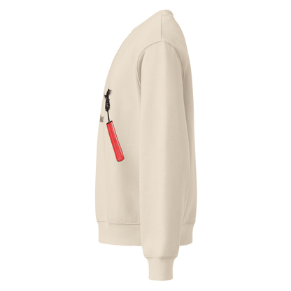 Beige hoodie with a red zipper pocket on a white background