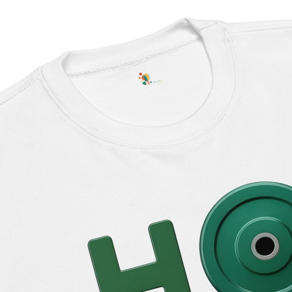 White t-shirt with green 'HO' logo and a green weight plate on a white background