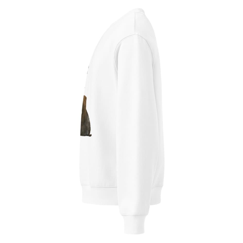 White hoodie with a small brown patch on a white background