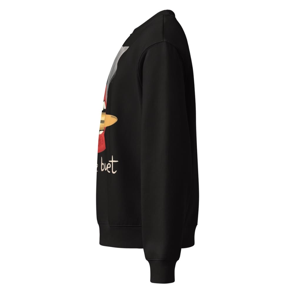 Black sweatshirt with a colorful graphic on the sleeve against a white background