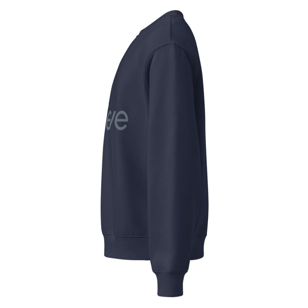 Navy blue sweatshirt with 'love' printed on the sleeve against a white background