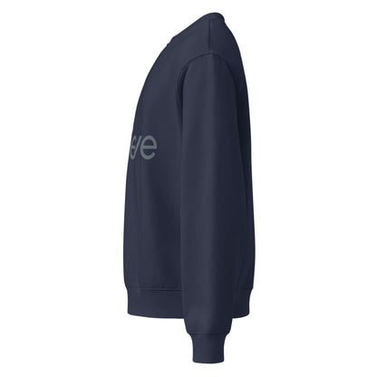 Navy blue sweatshirt with 'love' printed on the sleeve against a white background