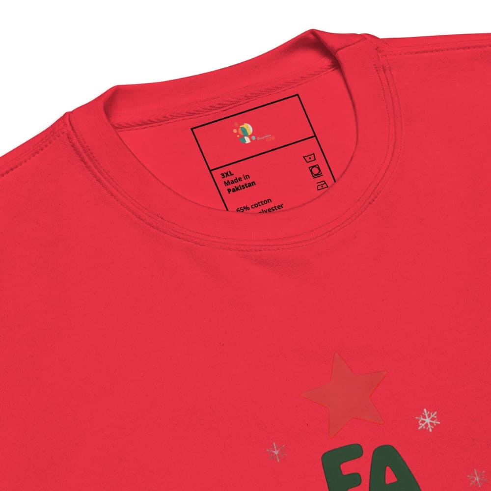 Red t-shirt with a star and 'FA' logo, close-up of label.