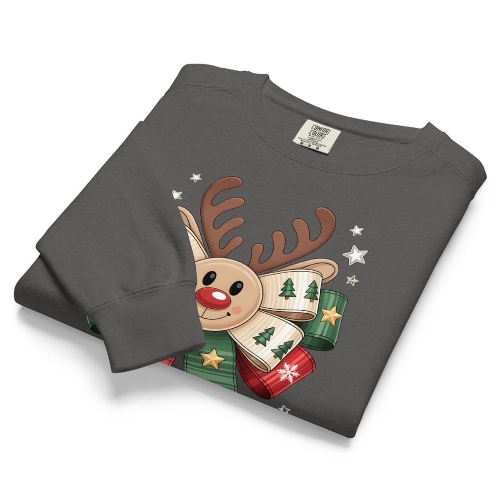 Folded gray sweatshirt with a Christmas-themed reindeer design on a white background