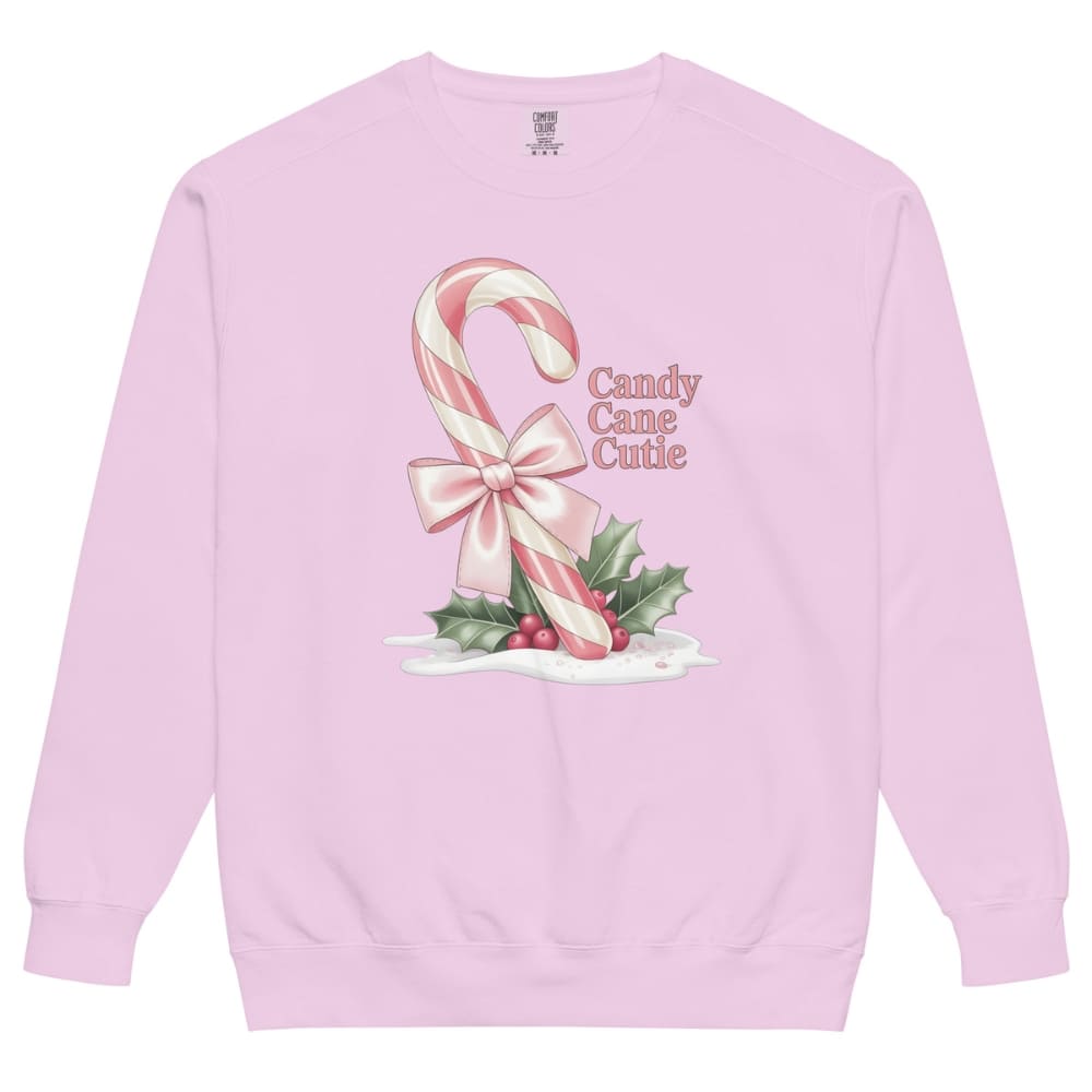 Pink sweatshirt with candy cane and bow design on a white background