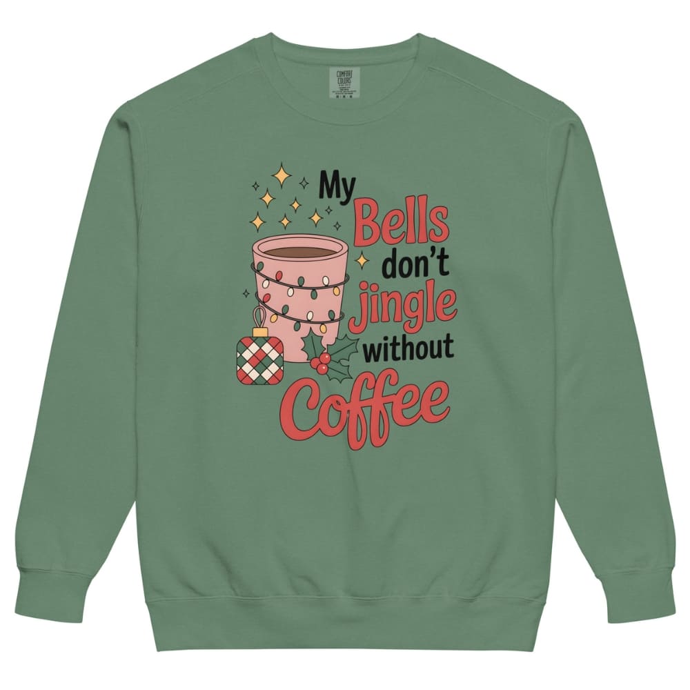 Green sweatshirt with a festive design featuring a coffee cup and text on a white background