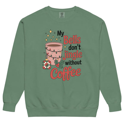 Green sweatshirt with a festive design featuring a coffee cup and text on a white background