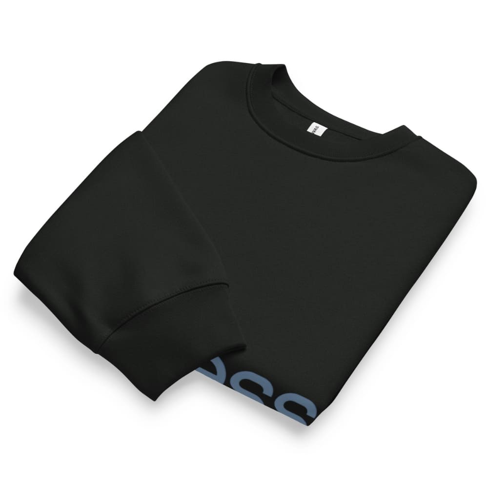 Folded black sweatshirt with a brand logo on a white background