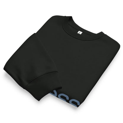 Folded black sweatshirt with a brand logo on a white background