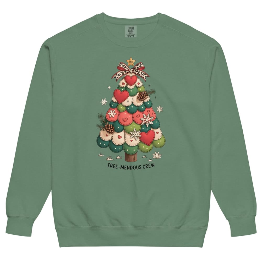 Green sweatshirt with a Christmas tree design on a white background