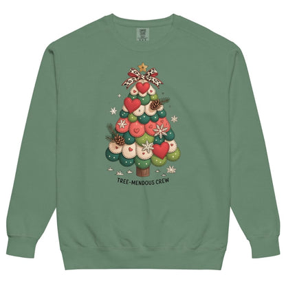 Green sweatshirt with a Christmas tree design on a white background