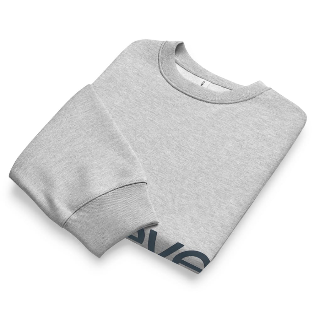 Folded gray sweatshirt with a brand logo on a white background