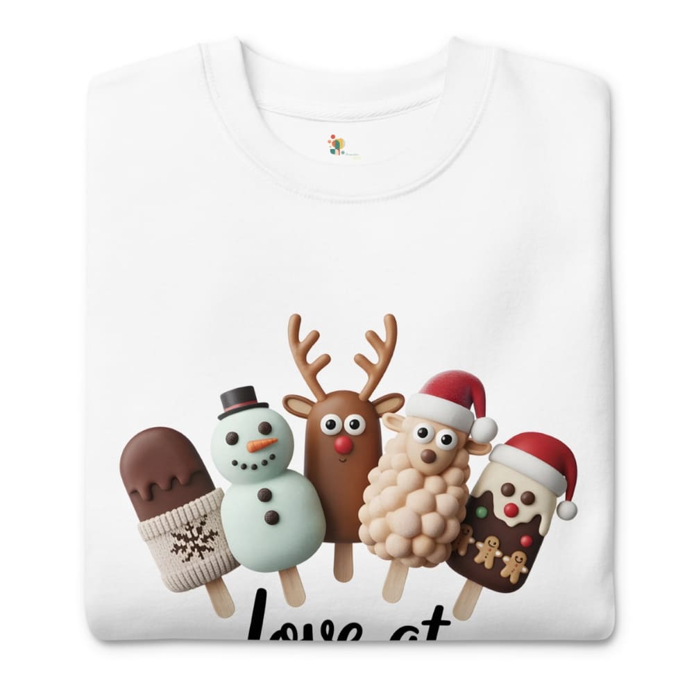 White t-shirt with Christmas-themed ice cream cone characters on a white background