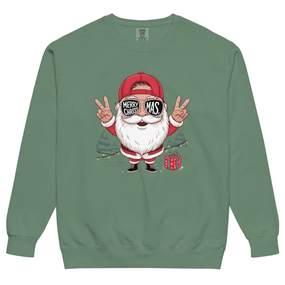 Green sweatshirt with a cartoon Santa Claus design on a white background