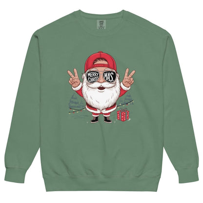 Green sweatshirt with a cartoon Santa Claus design on a white background