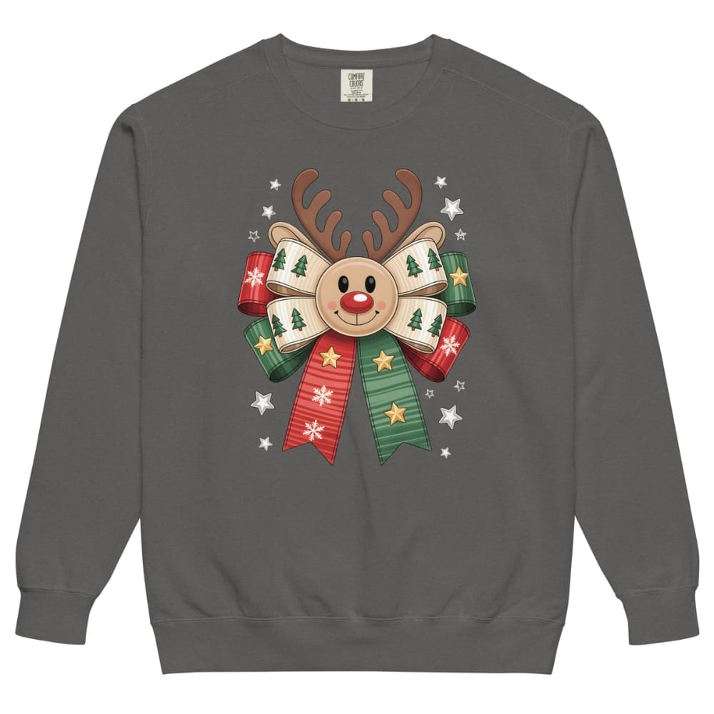 Gray sweatshirt with a Christmas-themed reindeer design on a white background
