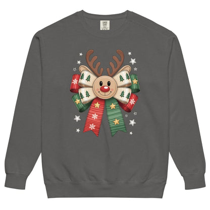 Gray sweatshirt with a Christmas-themed reindeer design on a white background