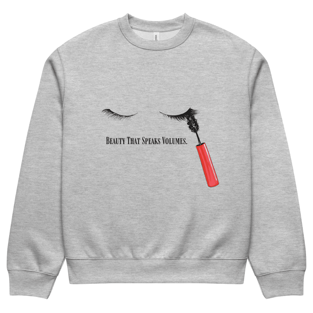Gray sweatshirt with a graphic design of a red lip gloss and text on a white background