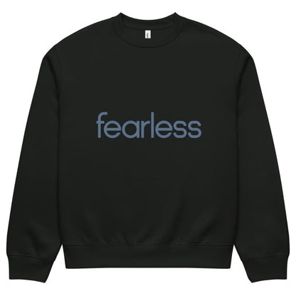 Black sweatshirt with 'fearless' text on a white background