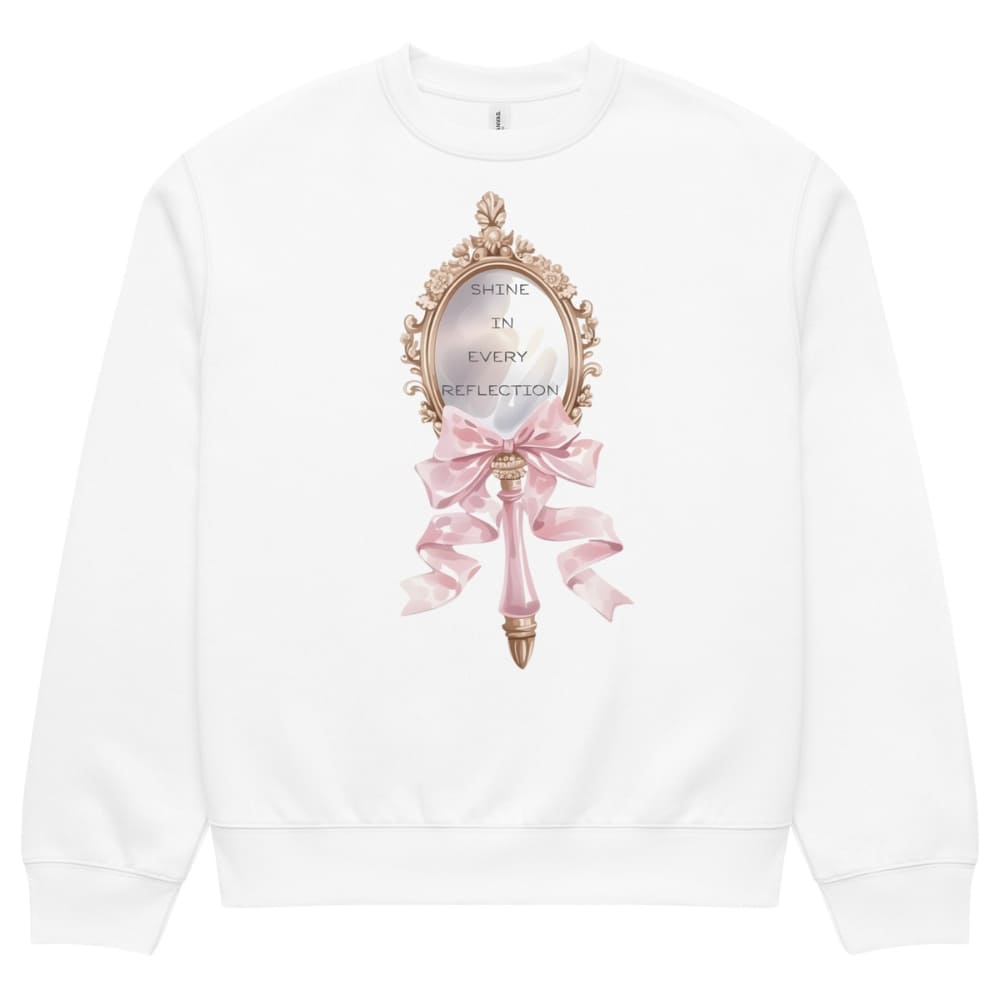 White sweatshirt with decorative mirror and pink bow design on a white background