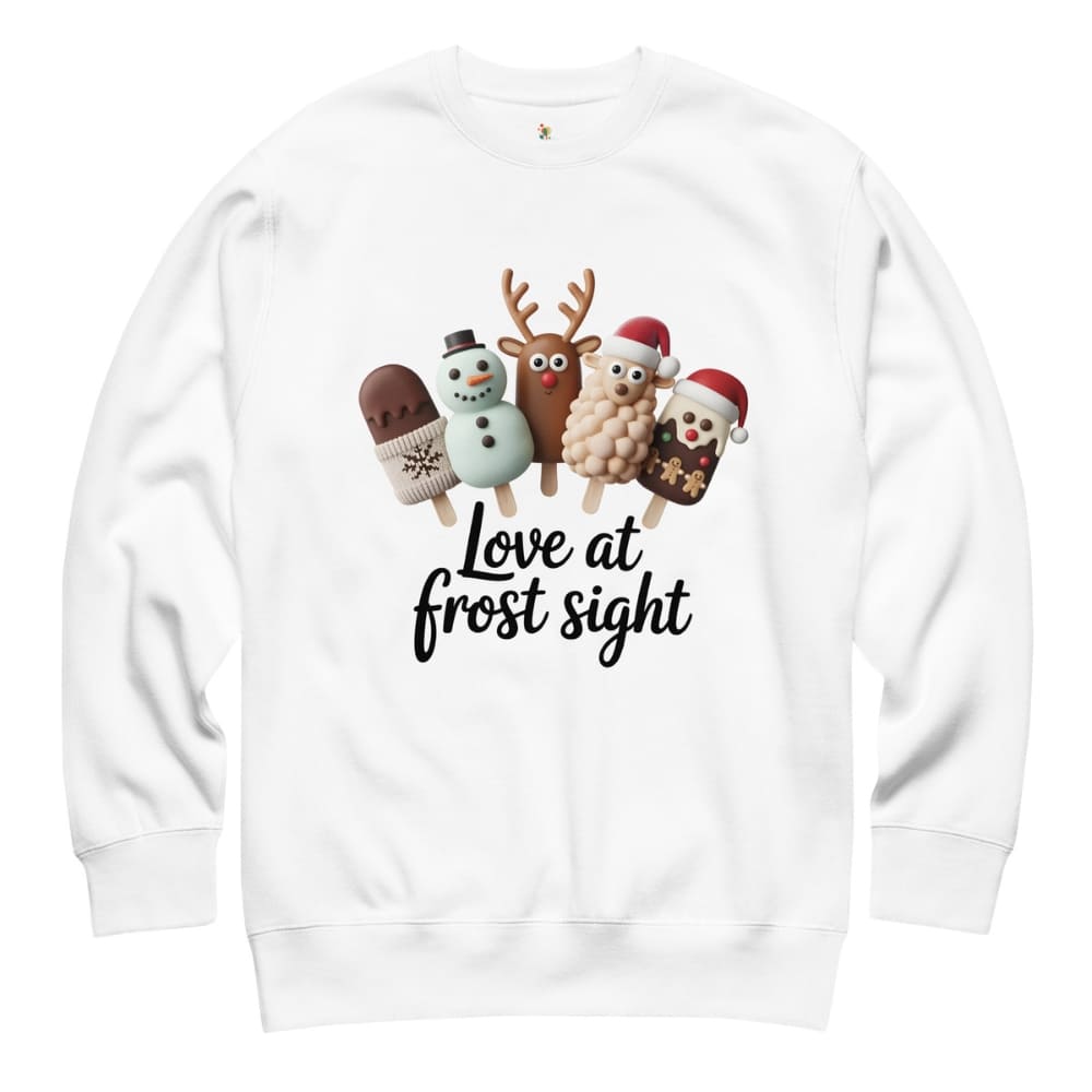 White sweatshirt with Christmas-themed illustrations and text on a white background