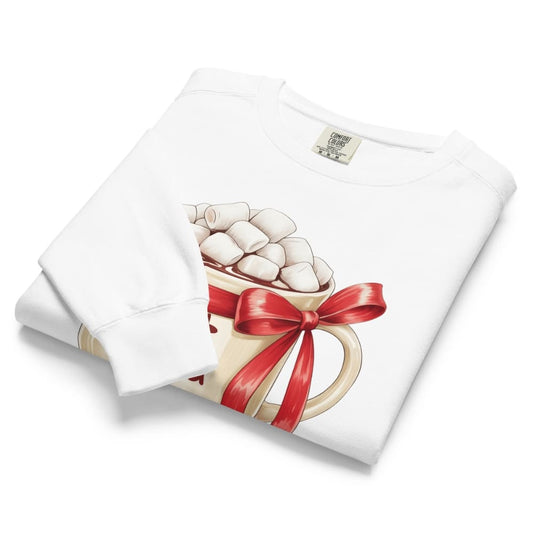 White pillowcases with a hot chocolate design featuring marshmallows and a red ribbon on a white background.